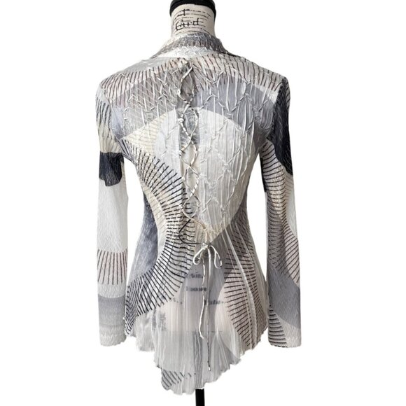 Komarov Long Sleeve Pleated Top Button-Up Gray White Lace-Up Back Womens Size S - Picture 3 of 8